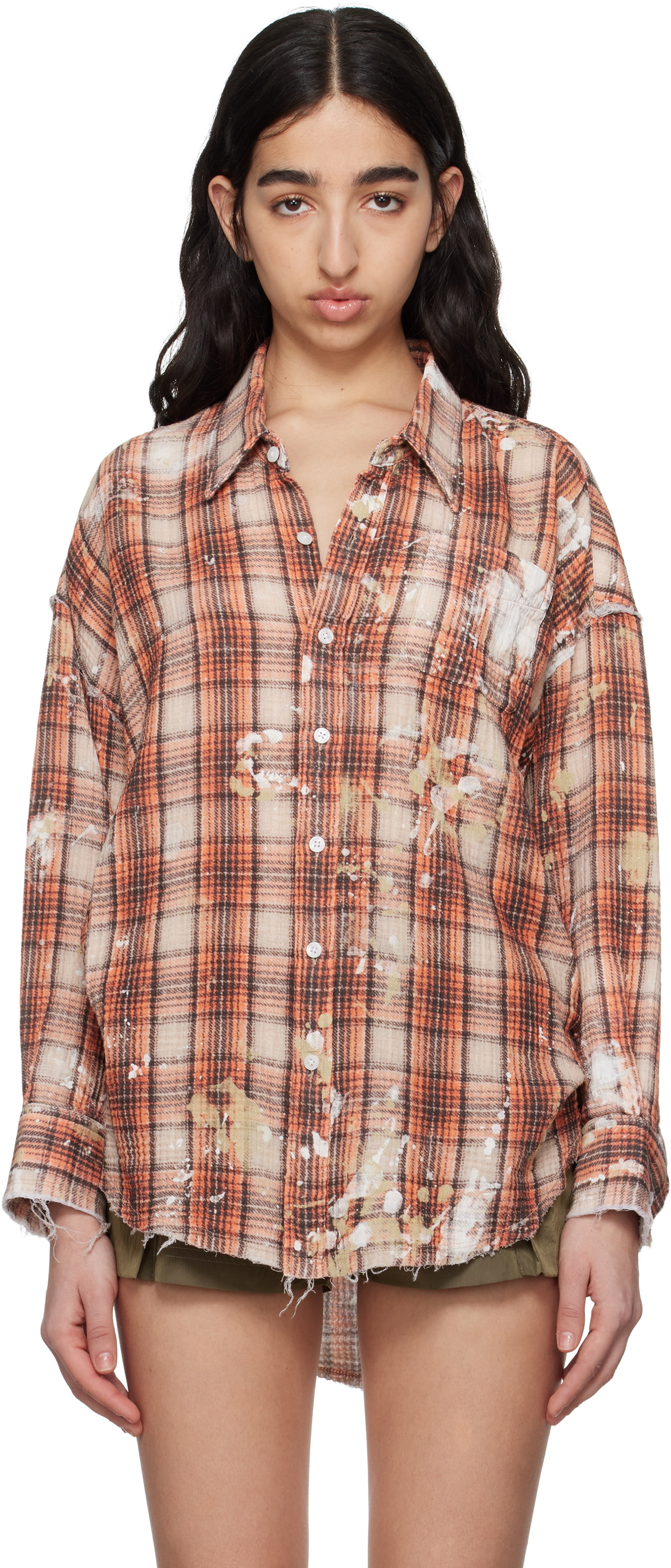 R13 Orange & Beige Shredded Seam Drop Neck Shirt
