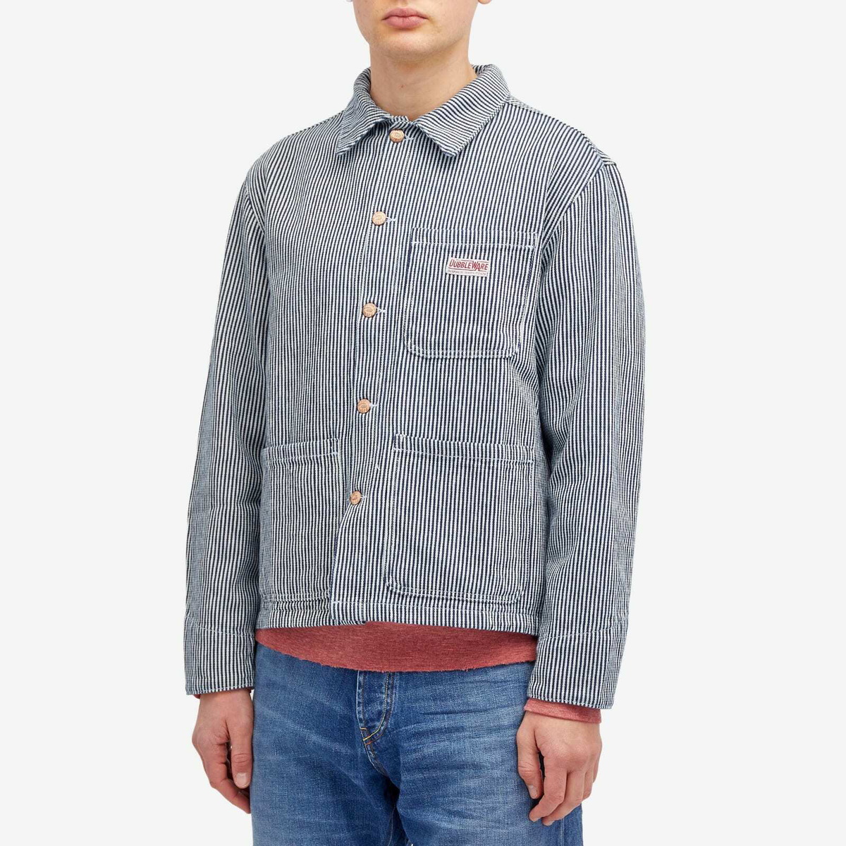 Dubbleware Men's Amherst Hickory Stripe Chore Jacket in White/Indigo