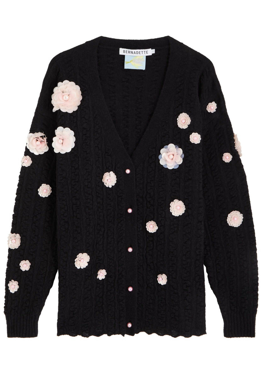 Bernadette Cammi Floral-embellished Wool-blend Cardigan Black