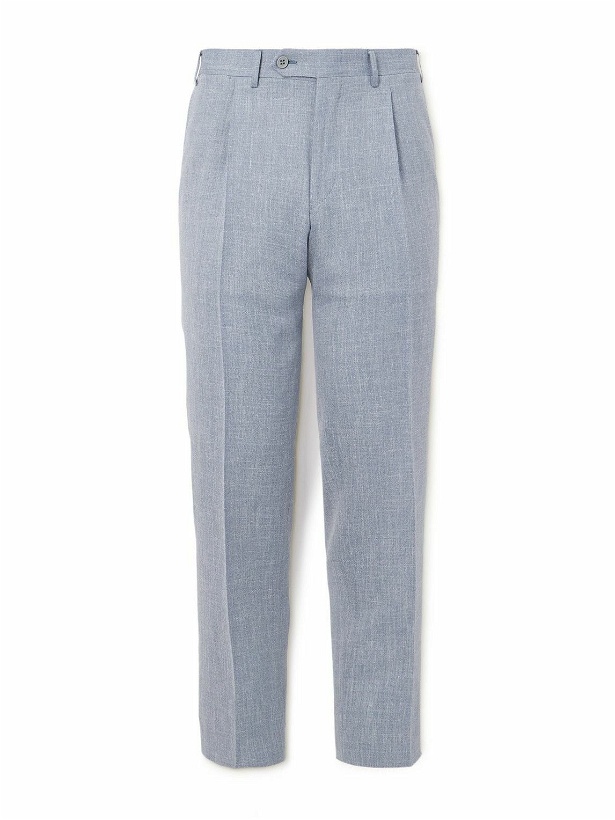 Photo: Canali - Straight-Leg Pleated Wool, Silk and Linen-Blend Trousers - Blue