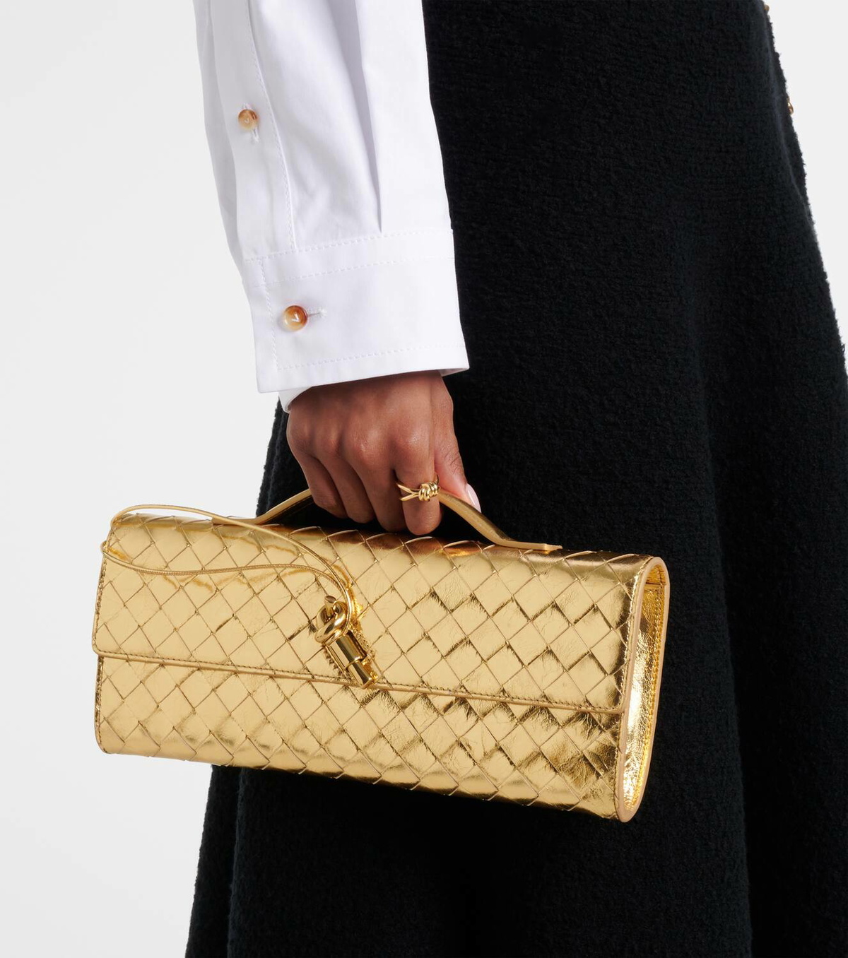 Bottega Veneta Andiamo Intrecciato metallic leather clutch