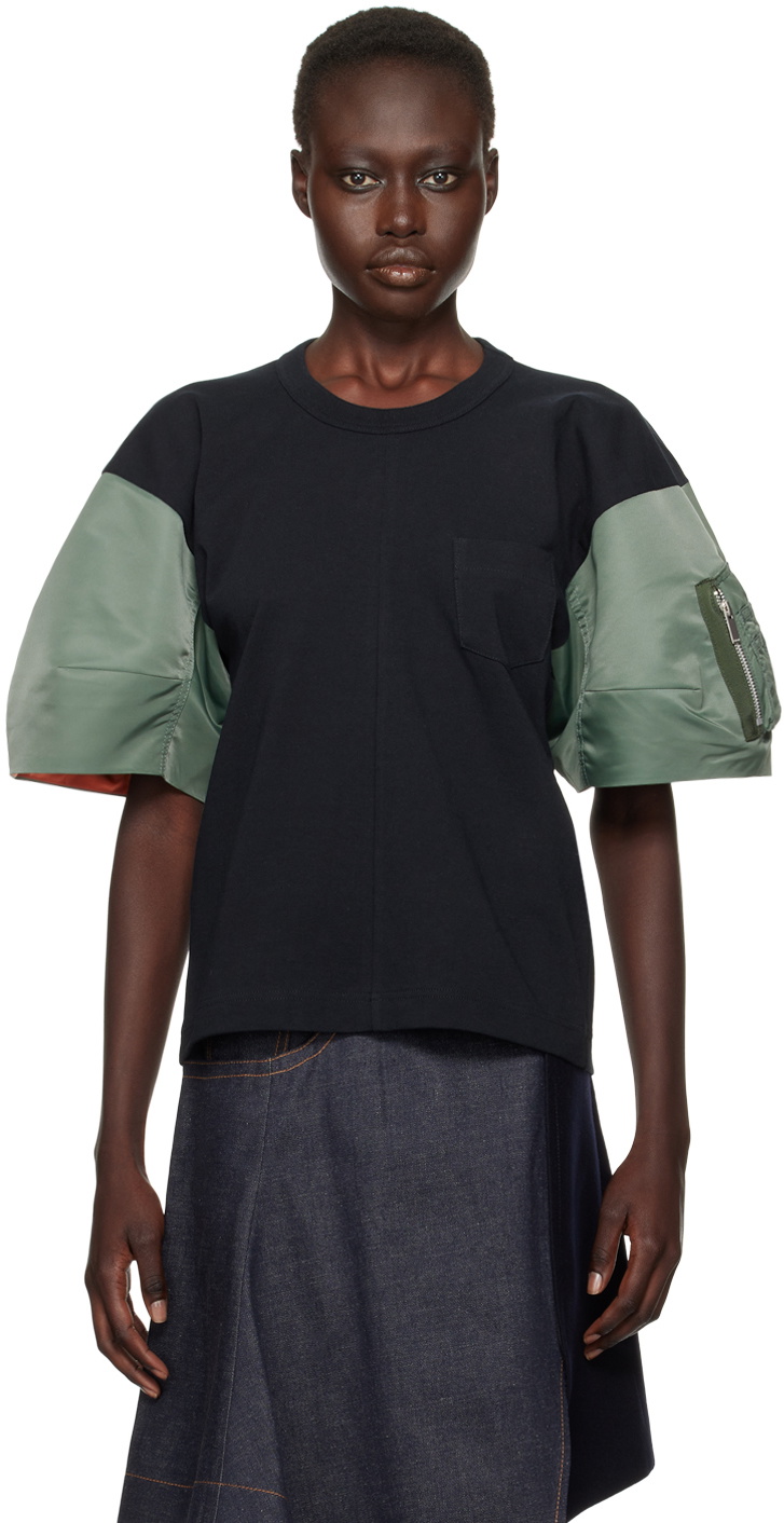 sacai Navy & Khaki Nylon Twill x Cotton Jersey T-shirt Sacai