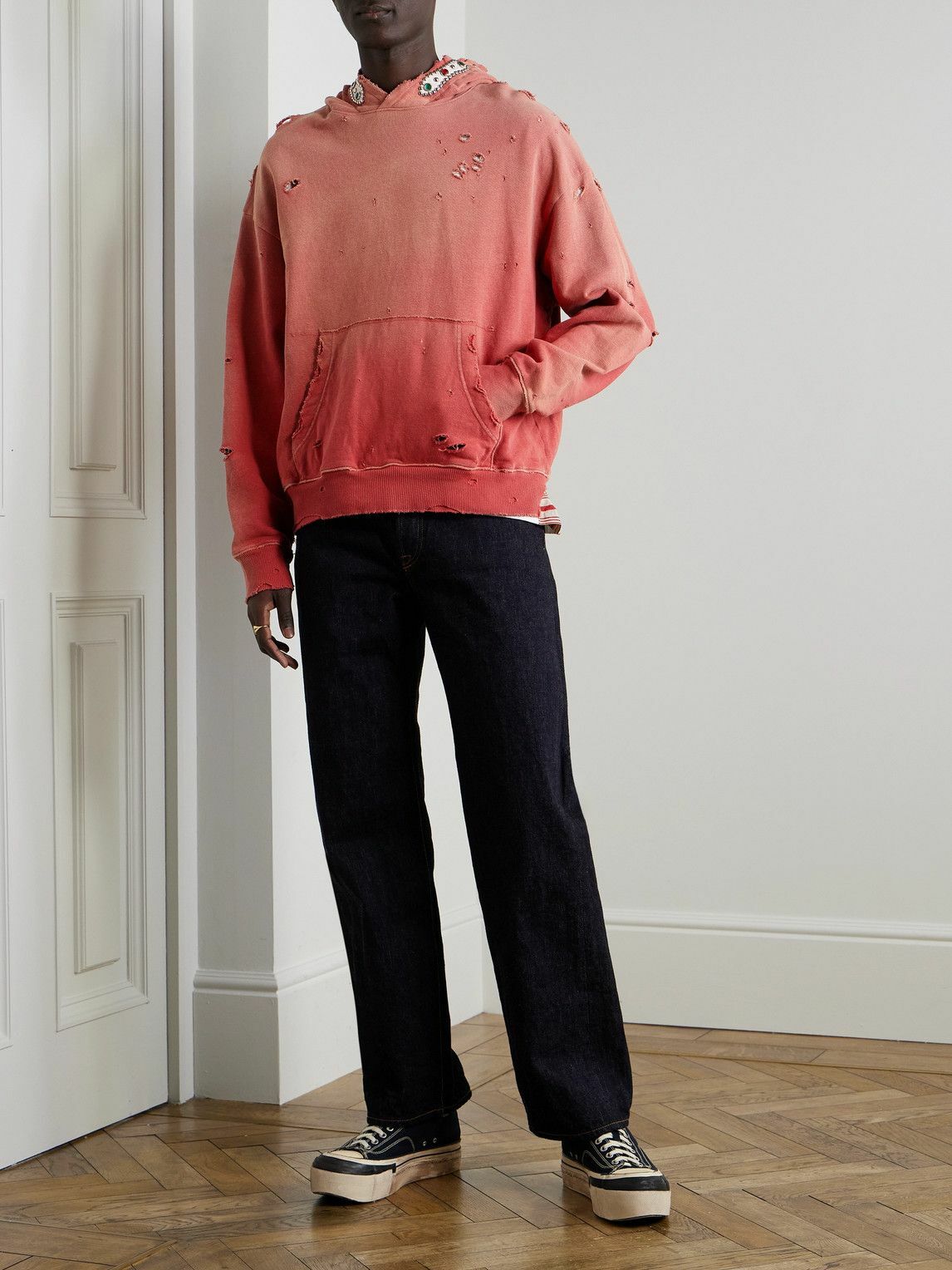 KAPITAL - Embellished Suede-Trimmed Distressed Cotton-Jersey