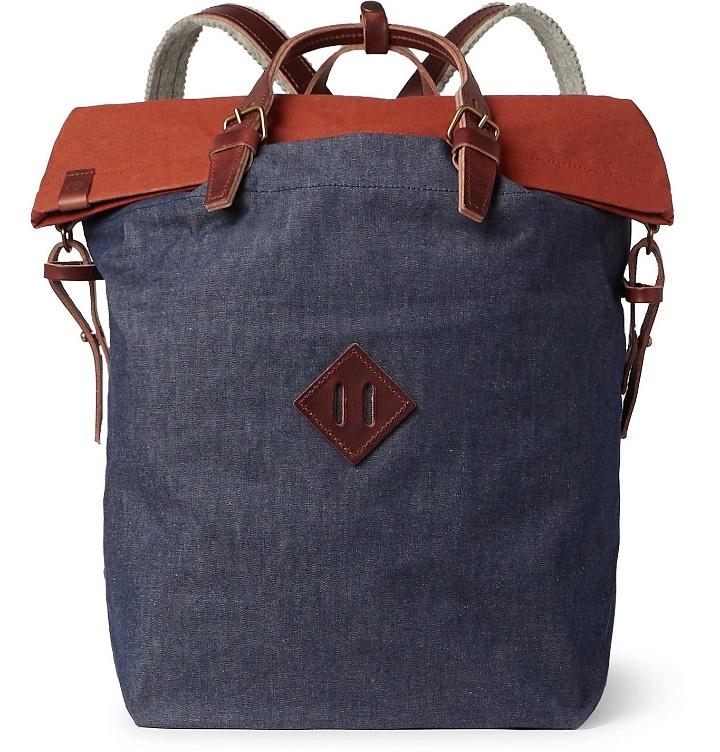 Photo: Bleu de Chauffe - Leather-Trimmed Colour-Block Denim and Waxed Cotton-Canvas Backpack - Blue