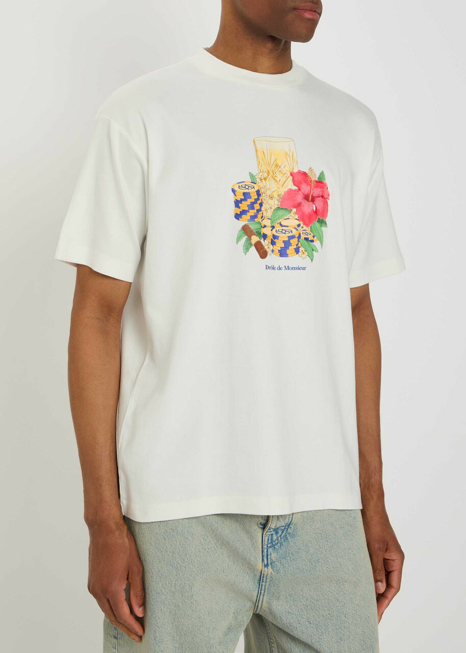 DRÔLE DE Monsieur Hibiscus Club Printed Cotton T-shirt Off White