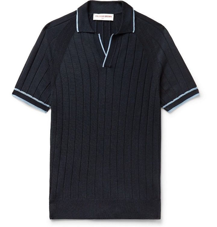 Photo: Orlebar Brown - Deco Slim-Fit Contrast-Tipped Ribbed Cotton and Silk-Blend Polo Shirt - Blue