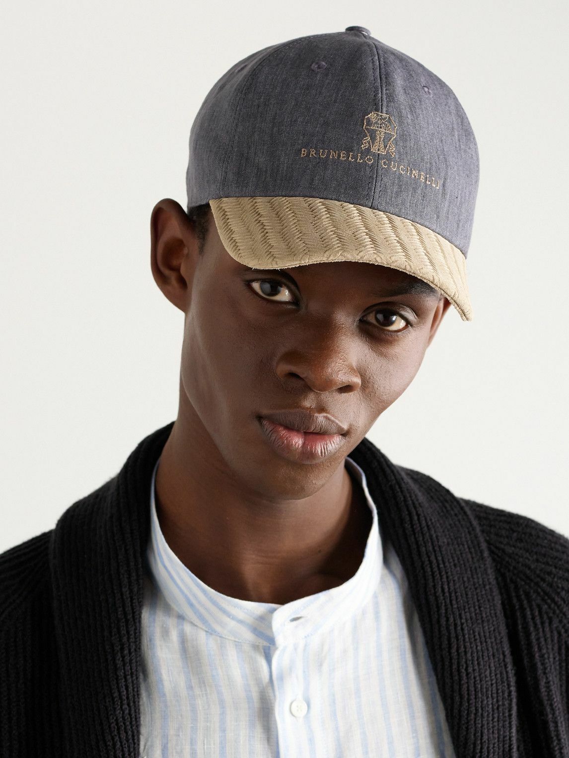 Brunello Cucinelli - Logo-Embroidered Suede-Trimmed Linen Brunello Cucinelli - Logo-Embroidered Suede-Trimmed Linen