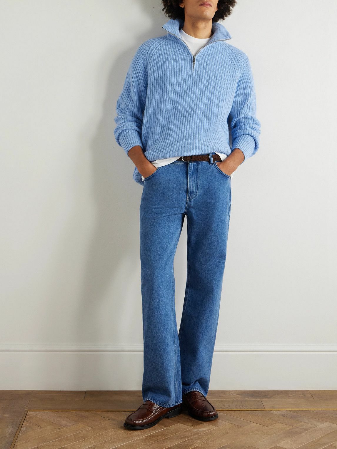 Ghiaia Cashmere - Ribbed Wool Half-Zip Sweater - Blue