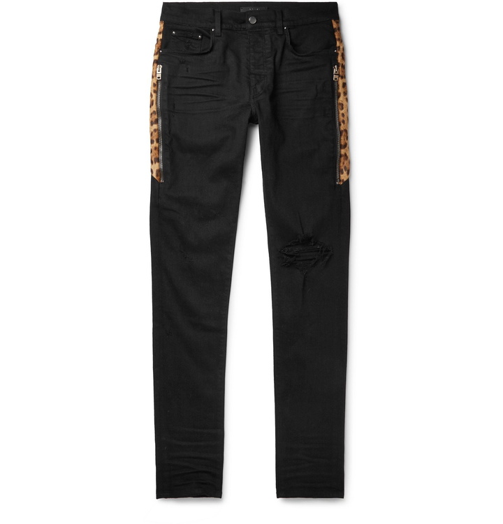 Photo: AMIRI - Skinny-Fit Calf Hair-Trimmed Distressed Stretch-Denim Jeans - Black