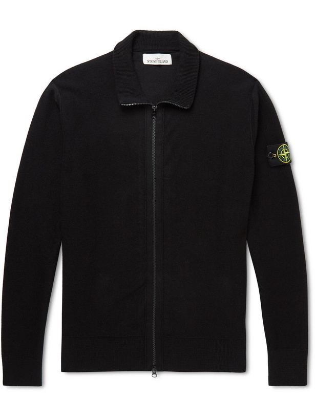 Photo: Stone Island - Logo-Appliquéd Cotton-Piqué Zip-Up Sweater - Black