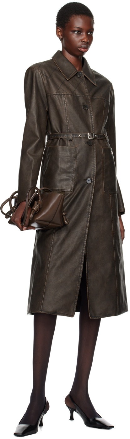Kijun Brown Stitched Faux-Leather Coat