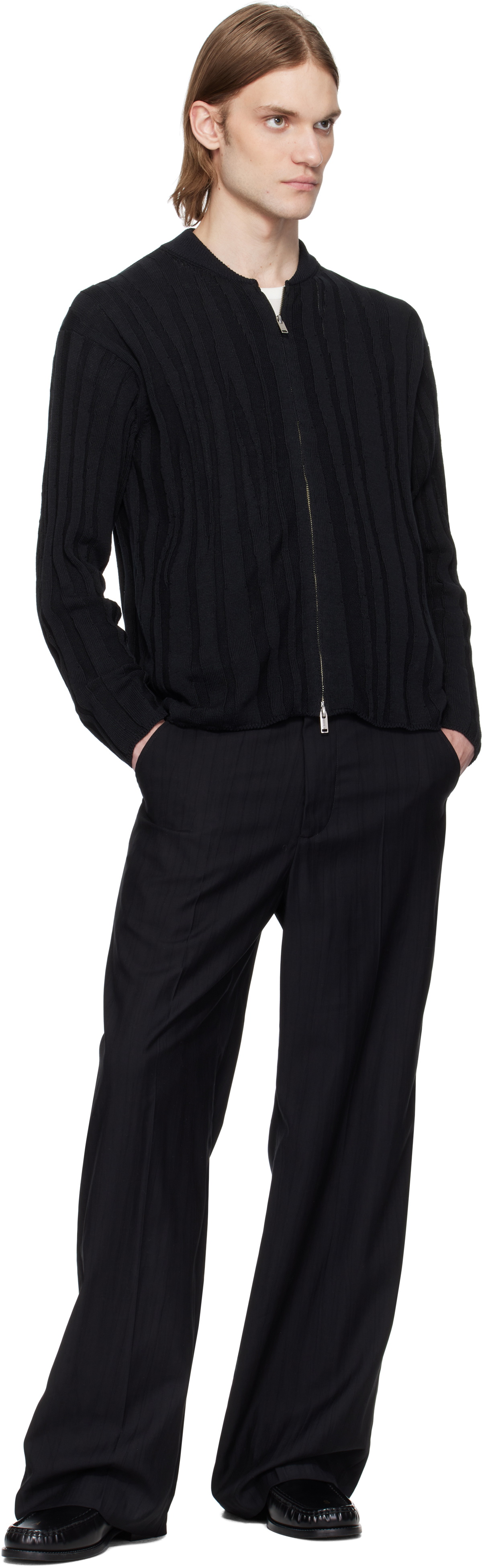 YOKE Black Roundum Rib Zip Knit Jacket