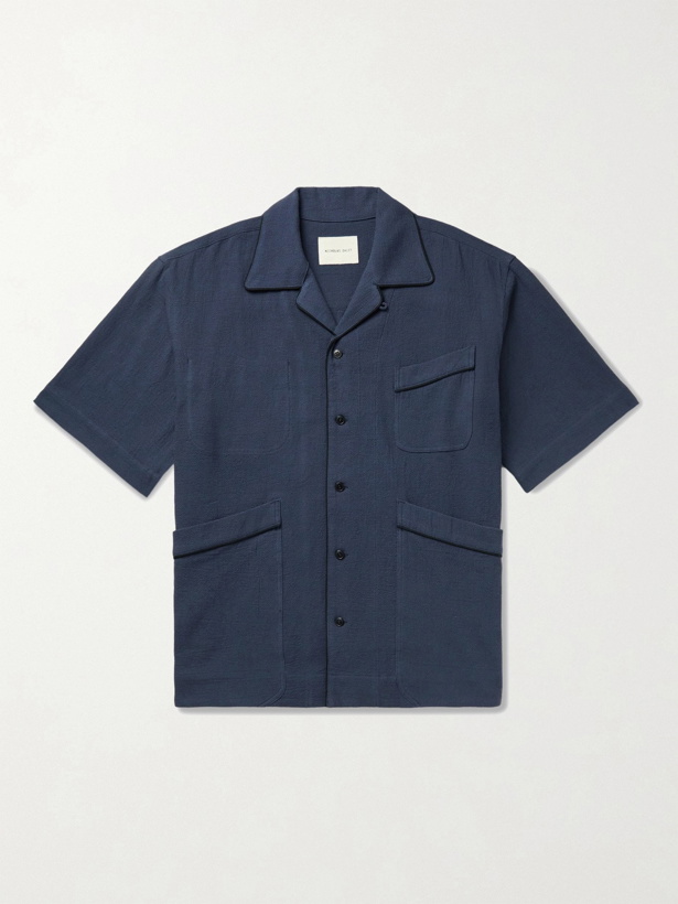 Photo: Nicholas Daley - Beach Camp-Collar Piped Textured-Cotton Shirt - Blue