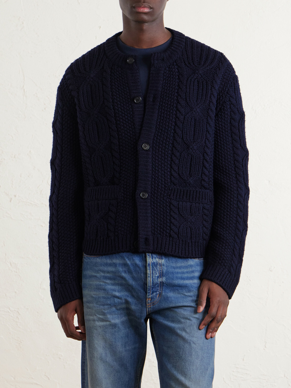 SAINT LAURENT - Cable-Knit Wool Cardigan - Blue