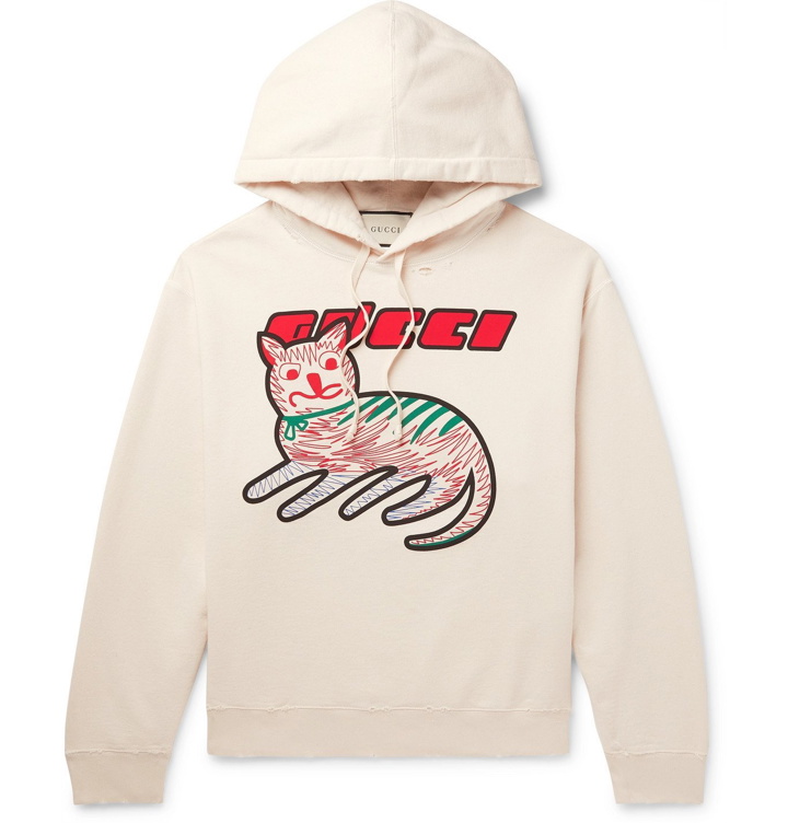 Photo: Gucci - Oversized Distressed Printed Loopback Cotton-Jersey Hoodie - Neutrals