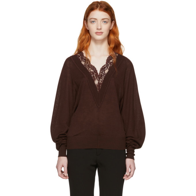 Photo: Chloe Red Wool and Silk Lace V-Neck Sweater