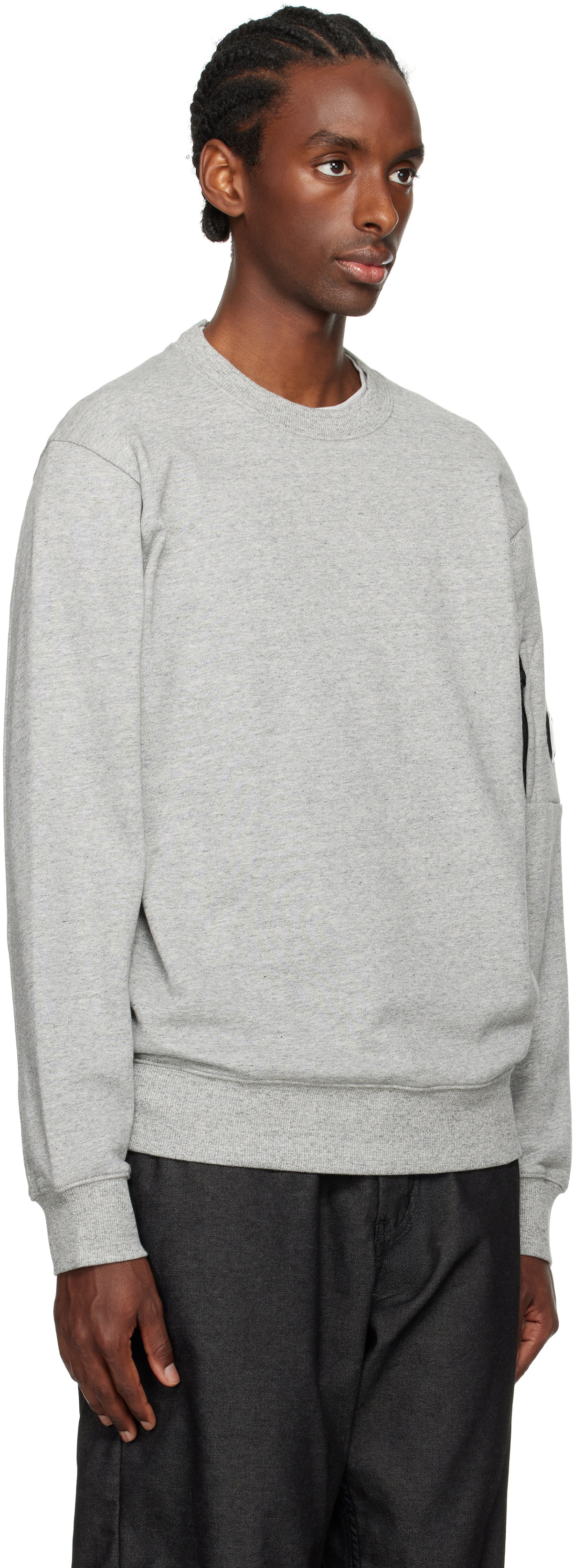 C.P. Company Gray Diagonal Raised Fleece Crewneck Lens Sweatshirt 