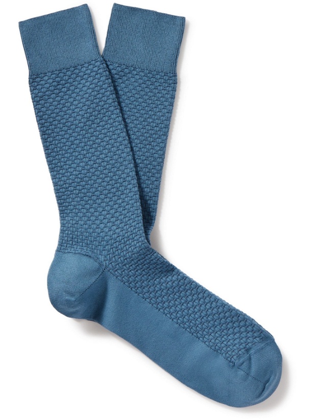 Photo: ERMENEGILDO ZEGNA - Textured Stretch Cotton-Blend Socks - Blue