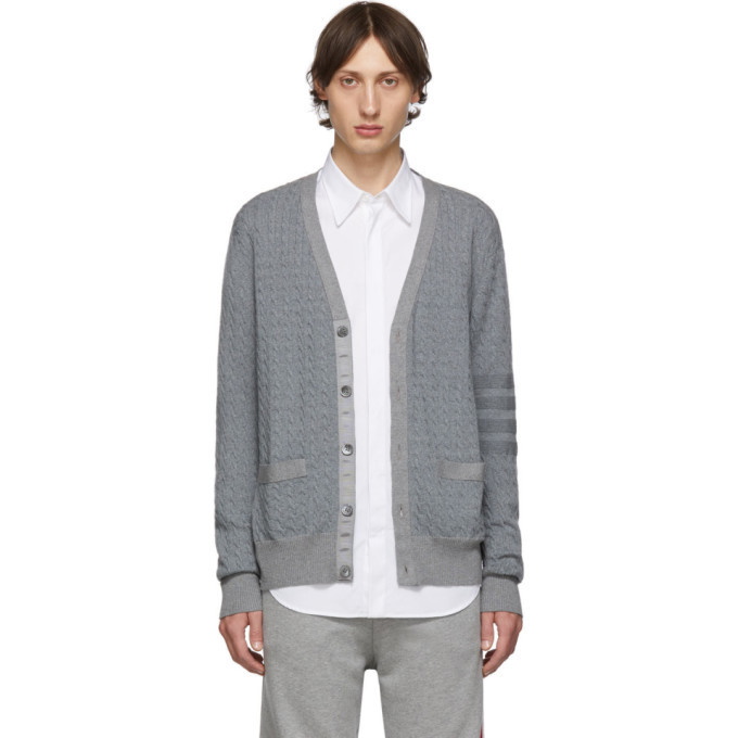 Photo: Thom Browne Grey Baby Cable Knit V-Neck Cardigan