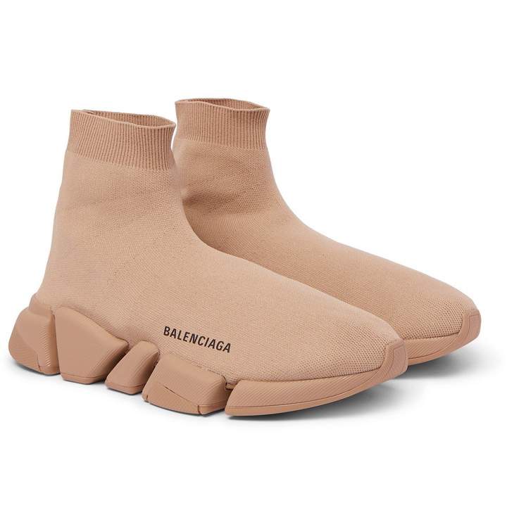 Photo: Balenciaga - Speed 2.0 Logo-Print Stretch-Knit Slip-On Sneakers - Neutrals