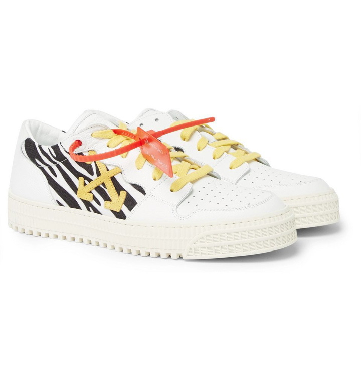 Photo: Off-White - 3.0 Polo Zebra-Print Canvas, Leather and Suede Sneakers - Men - White