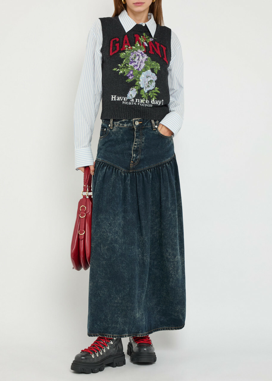 Ganni Floral-intarsia Wool-blend Vest Black