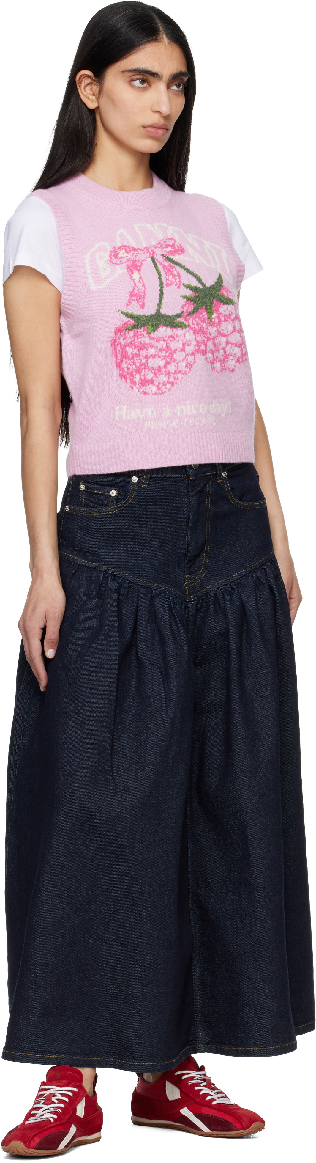 GANNI Navy Stretch Denim Midi Skirt