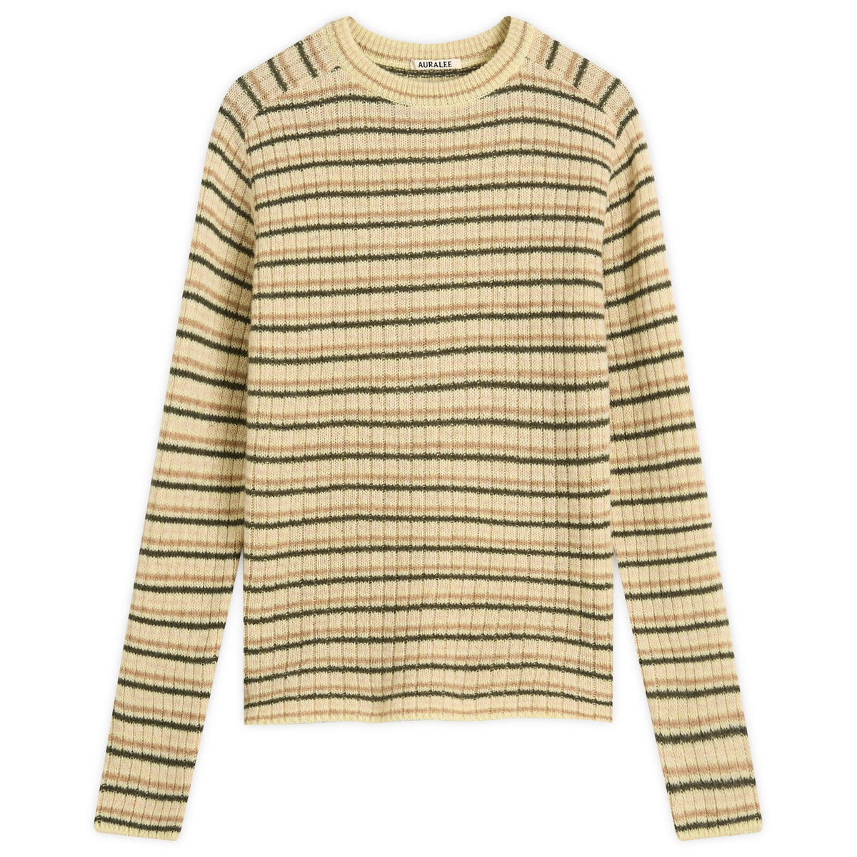 Auralee Men's Shetland Wool Cashmere Rib Knit P/O in Ivory Stripe