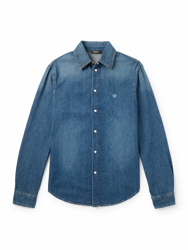 Photo: Versace - Logo-Appliquéd Denim Shirt - Blue