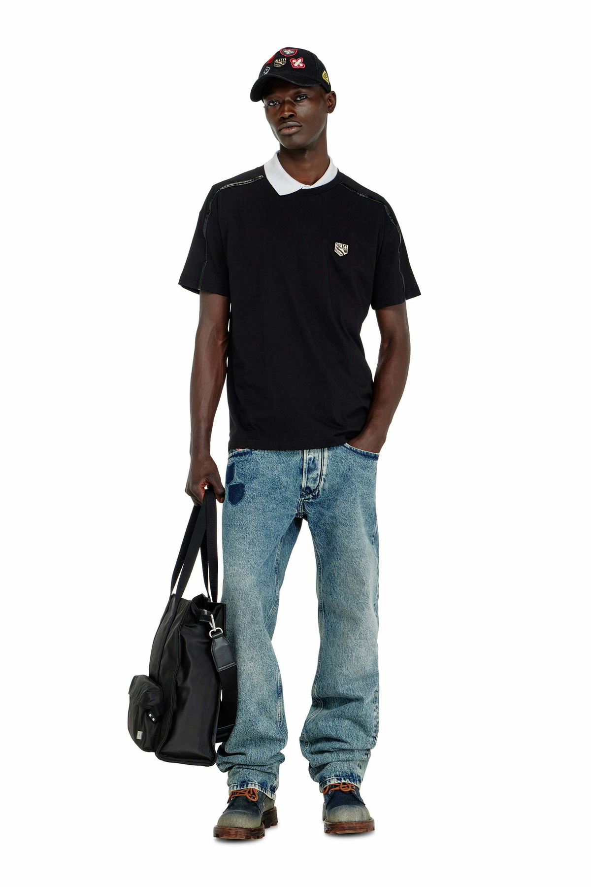 Diesel T-shirt with contrast trims and logo patch - T-Shirts Mens in Black