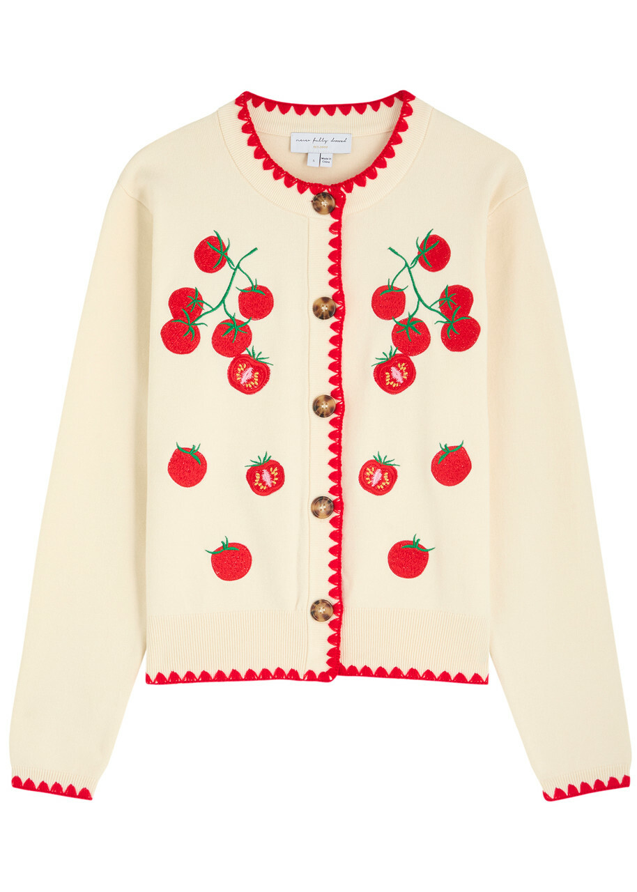 Never Fully Dressed Tomato Embroidered Knit Cardigan Cream