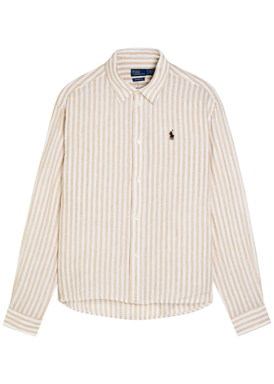 Polo Ralph Lauren Logo-embroidered Striped Cropped Linen Shirt White