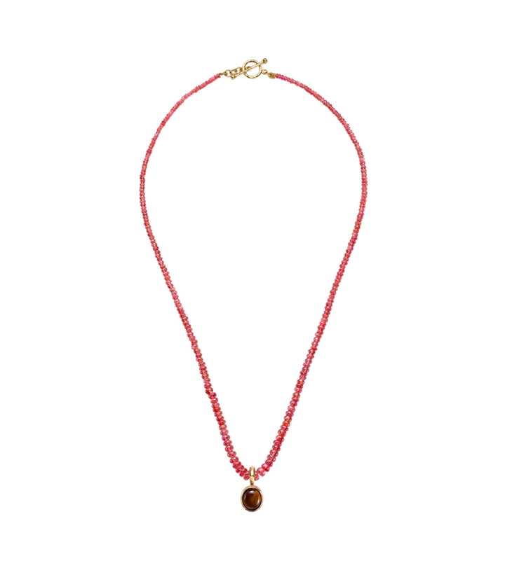 Photo: Octavia Elizabeth 18kt gold beaded necklace with red spinels and tiger's eye pendant