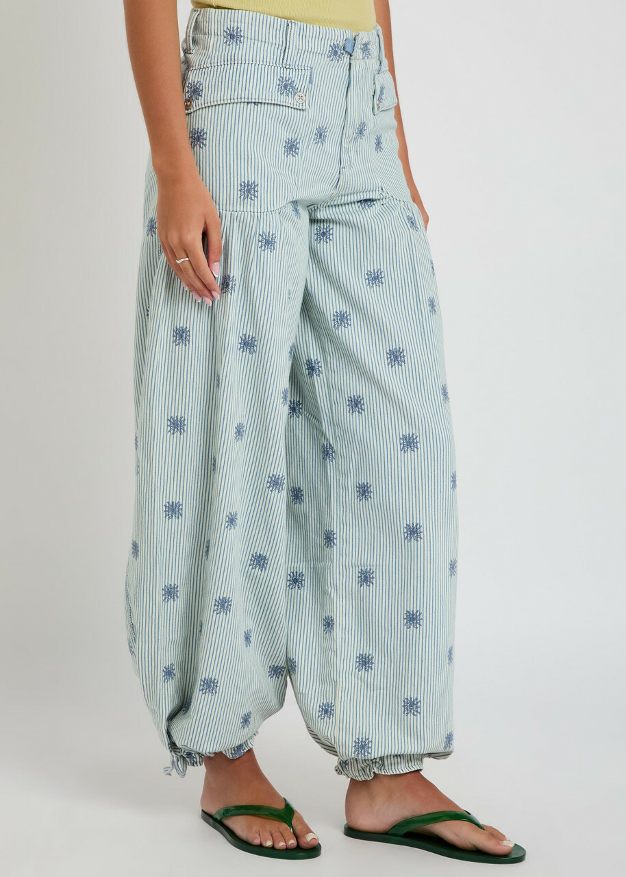 Free People Lotus Striped Embroidered Balloon-leg Jeans Blue