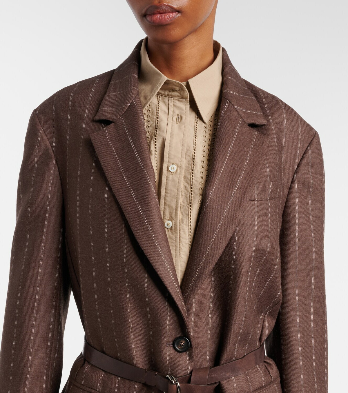 Brunello Cucinelli Belted pinstriped virgin wool blazer