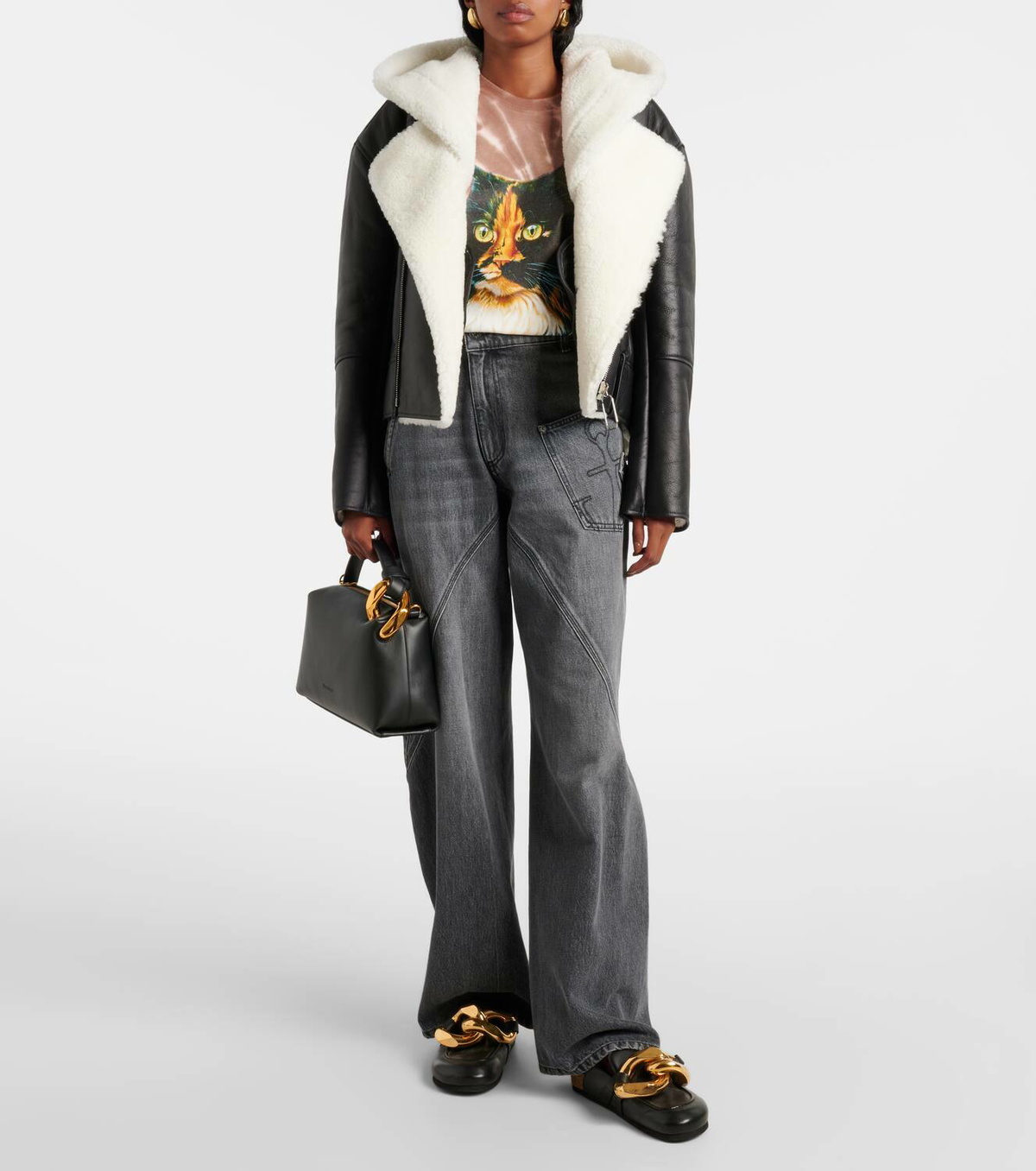 JW Anderson Hooded leather and shearling biker jacket JW