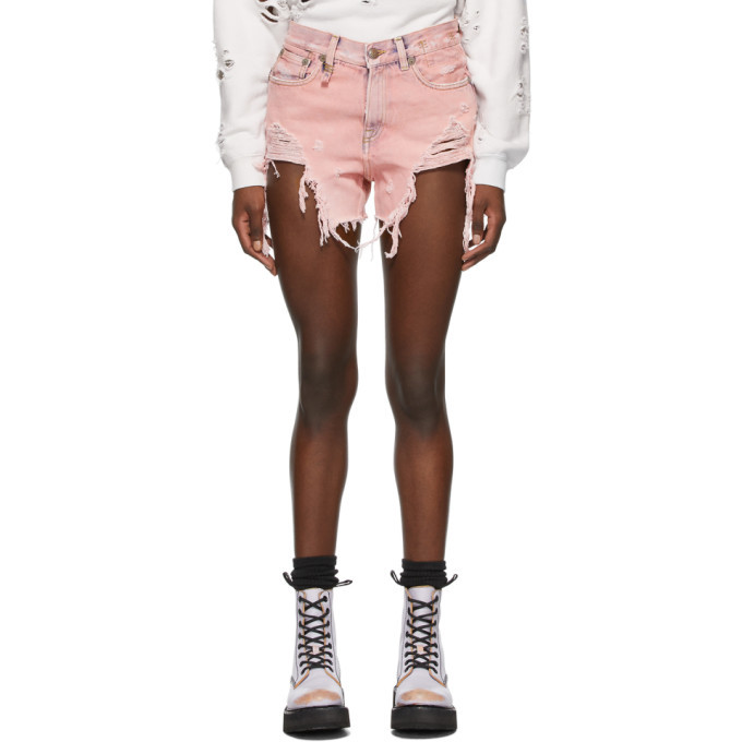 R13 Pink Denim Shredded Slouch Shorts R13