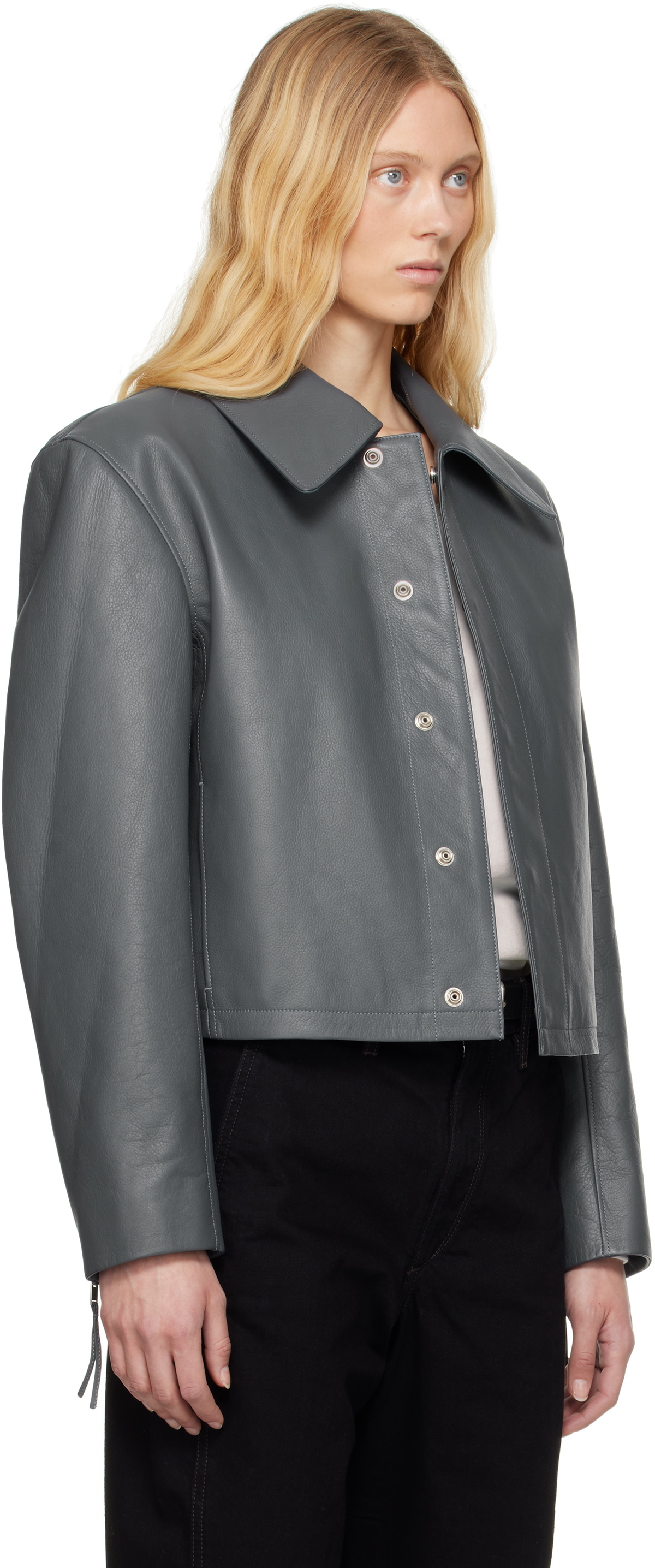 LEMAIRE Blue Boxy Cropped Leather Jacket