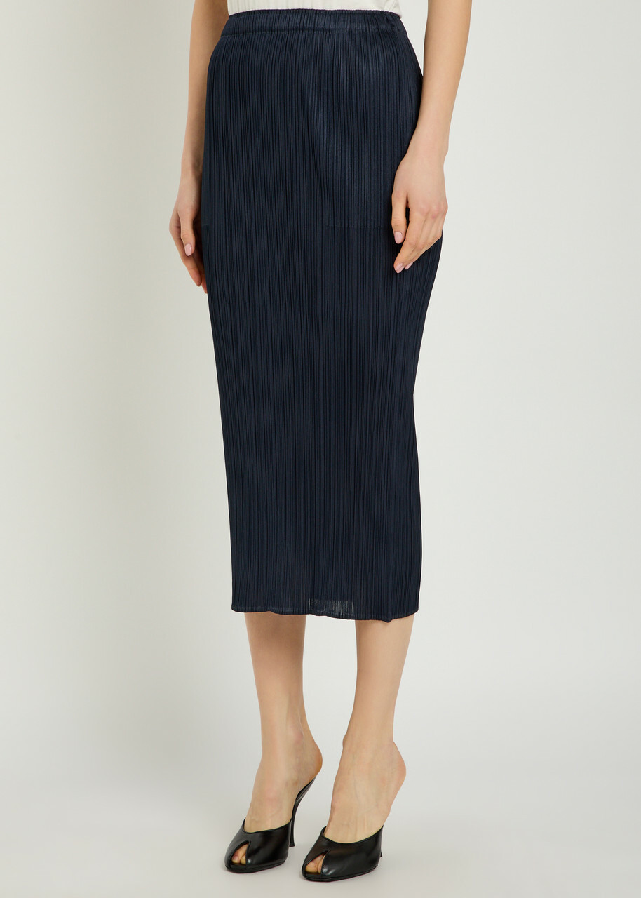 Pleats Please Issey Miyake Pleated Woven Midi Skirt Navy