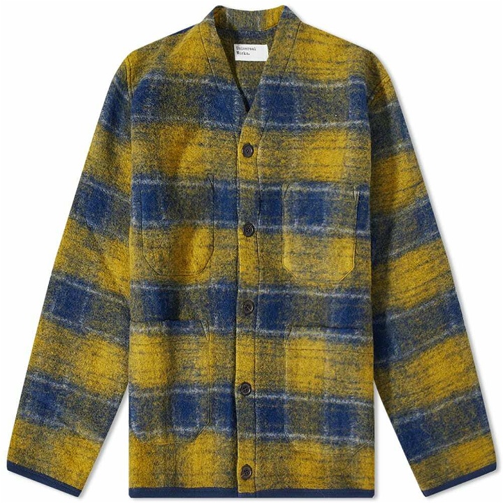 Photo: Universal Works Men's Check Wool Fleece Cardigan in Yellow/Blue