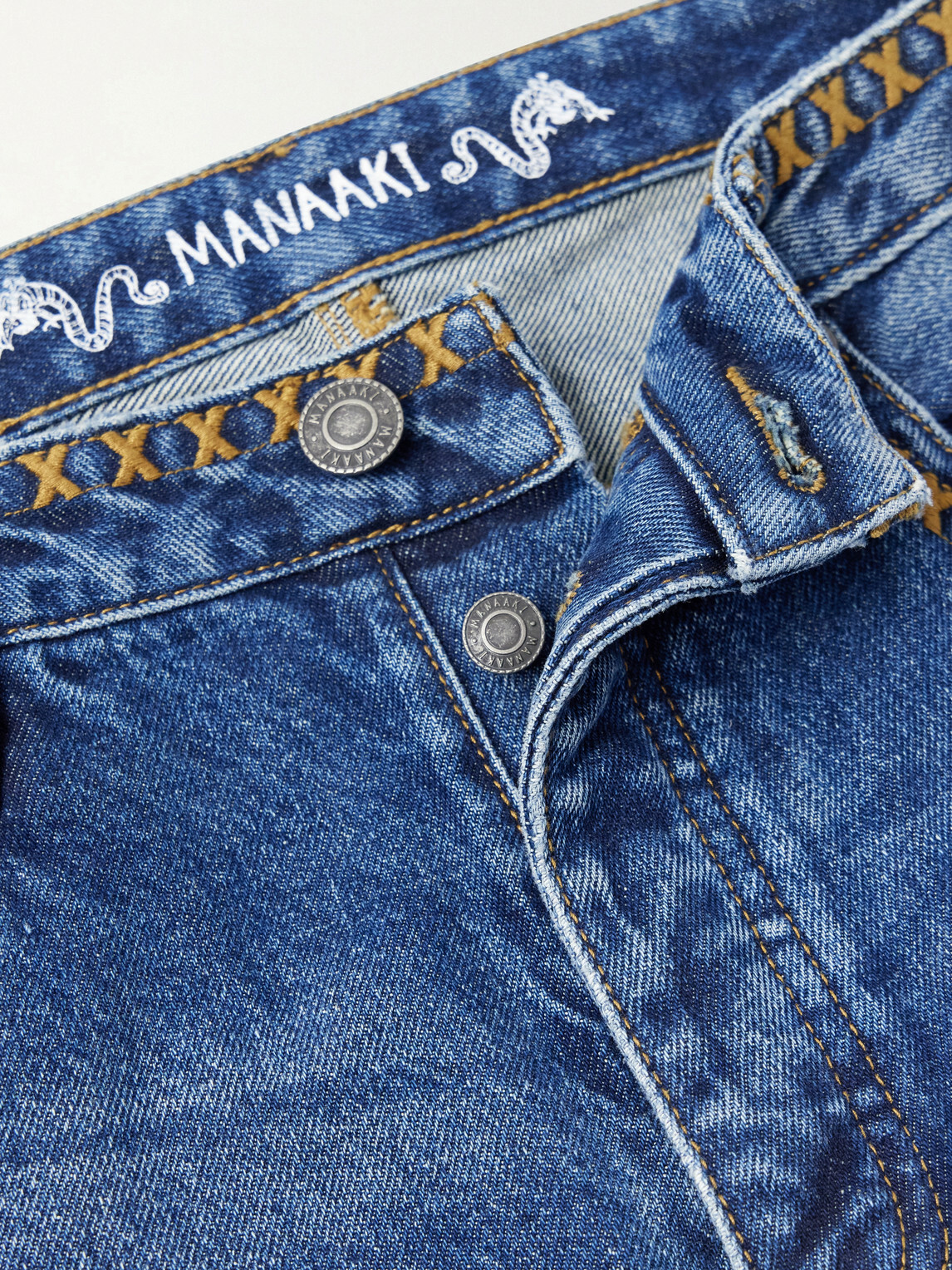 MANAAKI - Tukutuku Straight-Leg Embroidered Organic Jeans - Blue