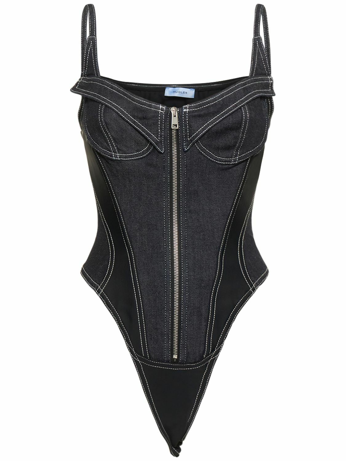 MUGLER - Denim Front Zip Corset Bodysuit Mugler