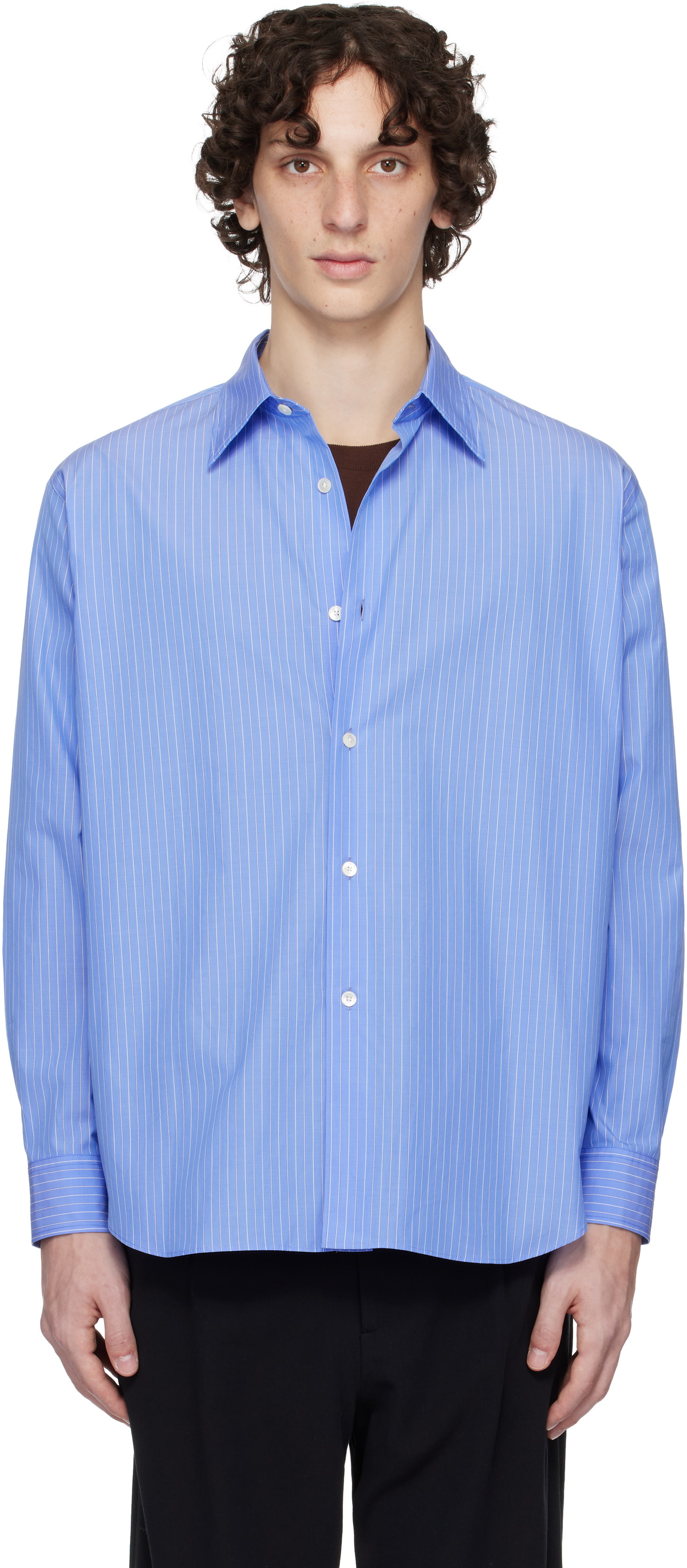 AURALEE Blue Suvin High Count Cloth Stripe Shirt Auralee