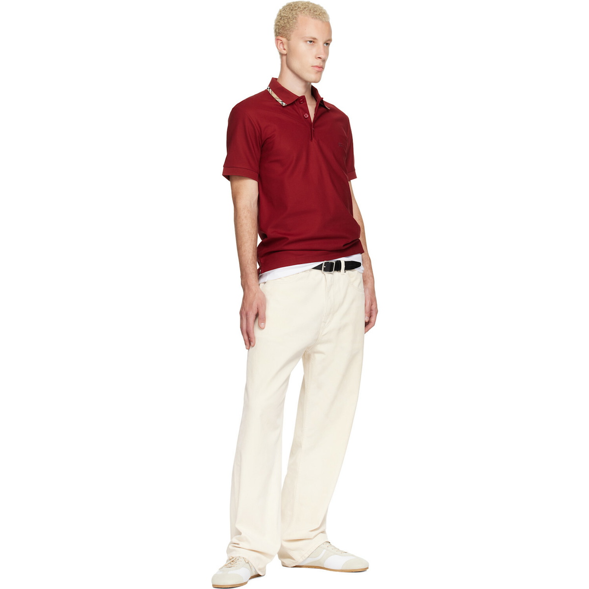 Burberry Red Check Trim Cotton Polo