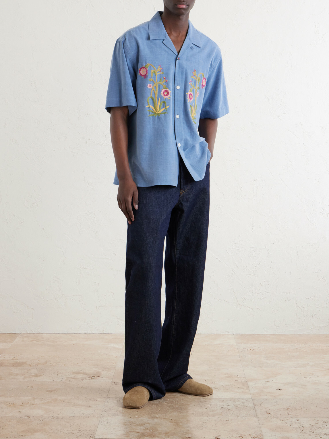 Kardo - Ronen Convertible-Collar Embroidered Cotton Shirt - Blue