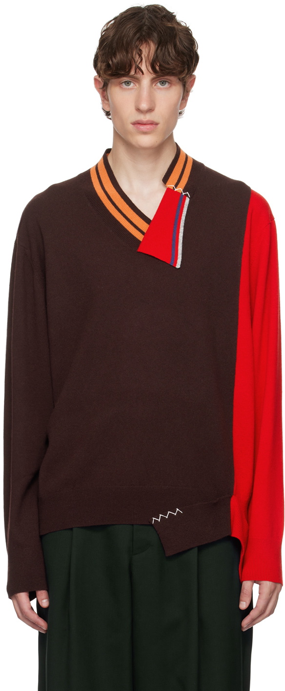 kolor Brown & Red Paneled Sweater