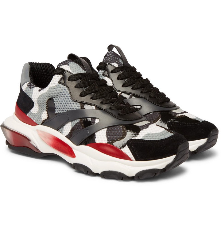 Photo: Valentino - Valentino Garavani Bounce Leather, Suede and Mesh Sneakers - Men - Gray