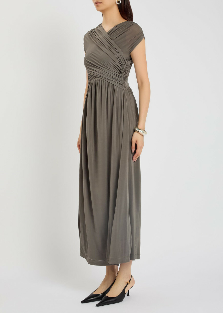 Tove Freja Cross-over Ruched Stretch-jersey Midi Dress Dark Green