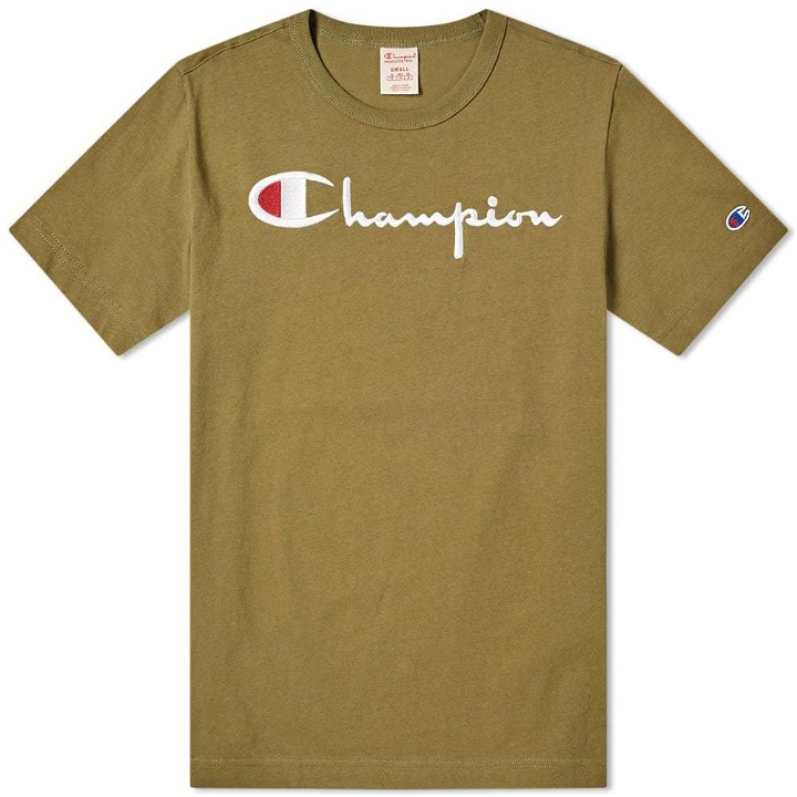 Photo: Champion Reverse Weave Script Logo Tee Olive Drab