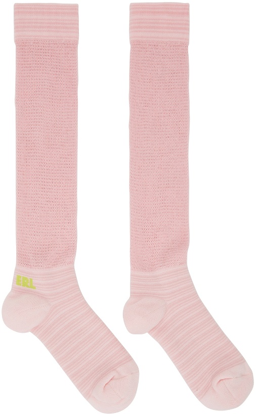 Photo: ERL Pink Mesh Panel Logo Knee-High Socks